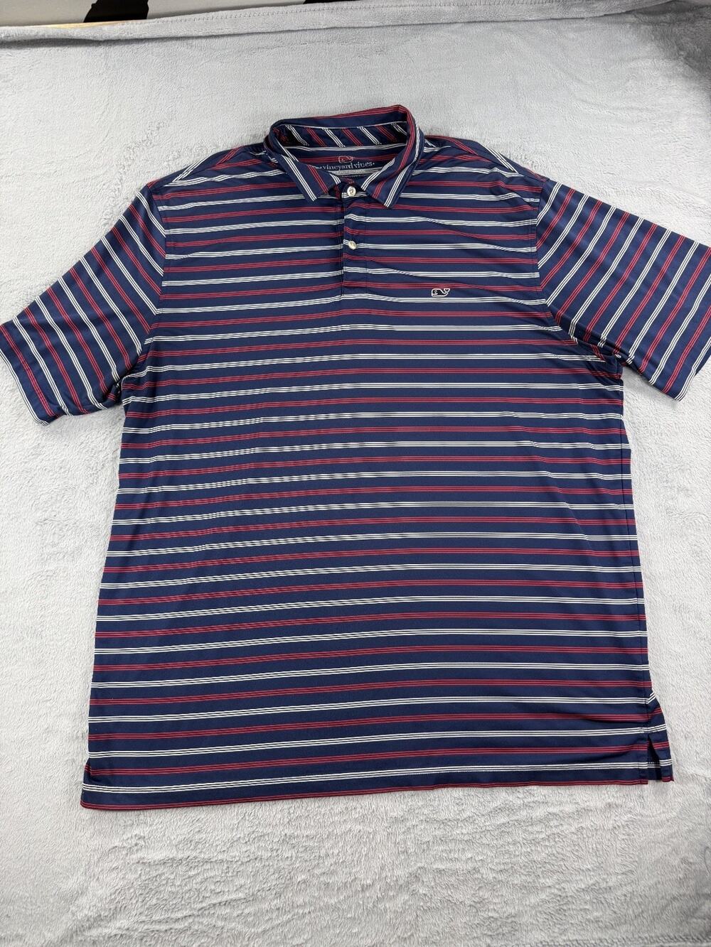 Vineyard Vines Men's XL Performance Polo Shirt Navy Red White Stripe Whale Logo
